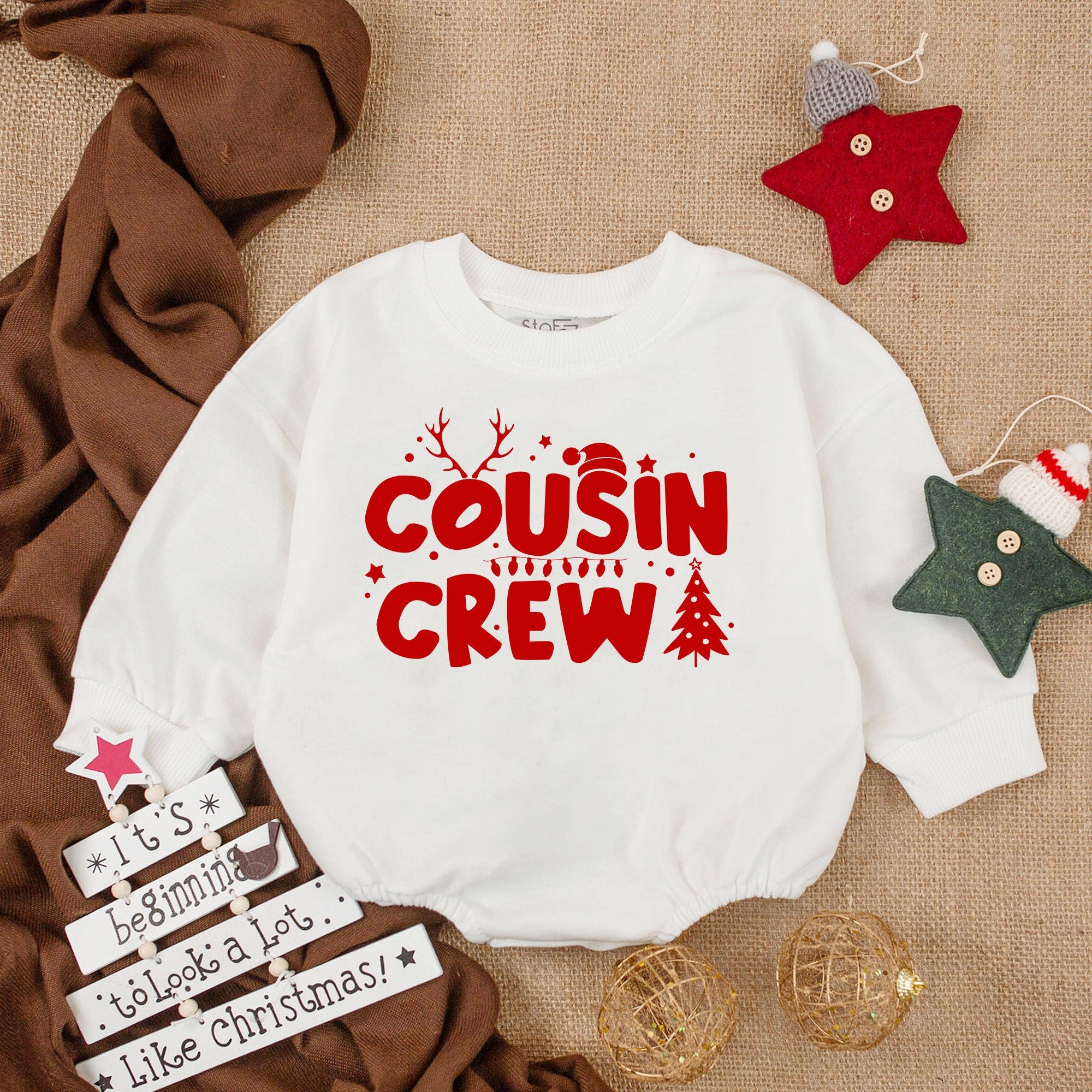 Cousin Crew Baby Romper with Christmas Trees and Reindeer Antlers First Christmas Outfit Long Sleeve Bodysuit Gift Baby Holiday Wear