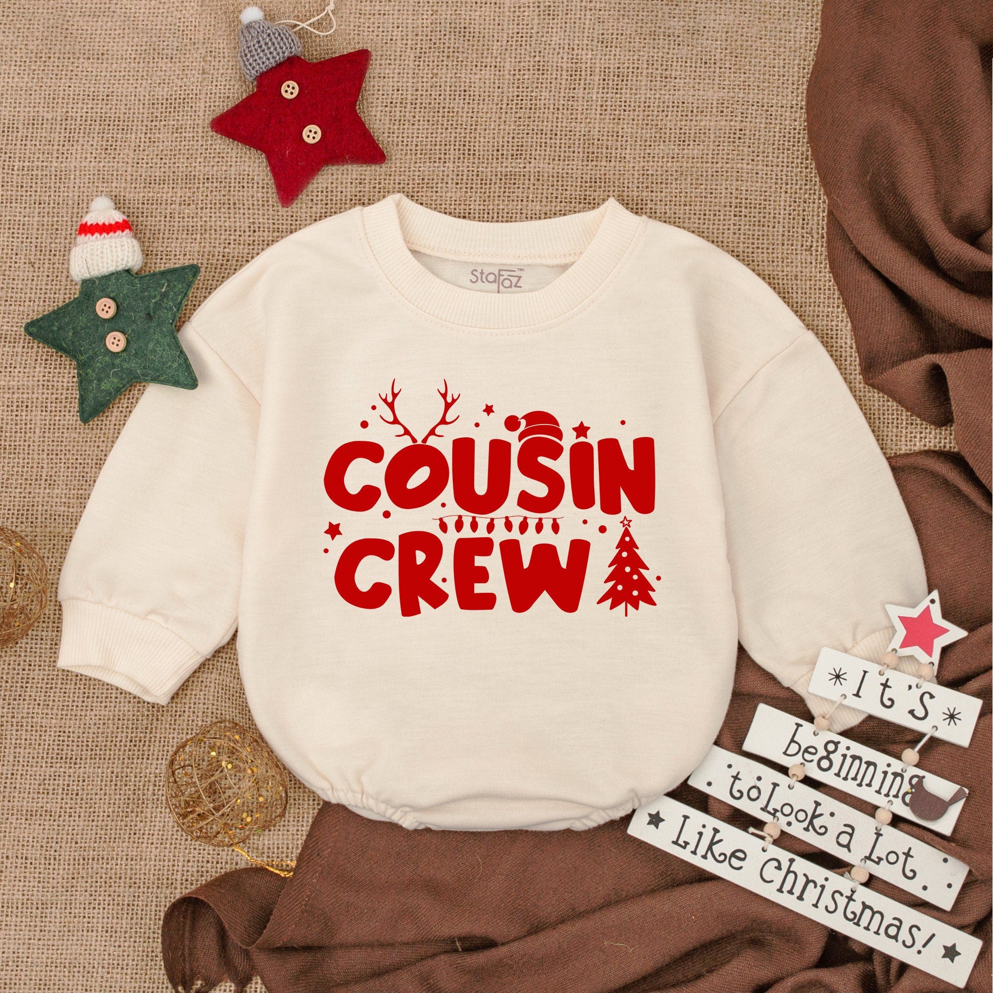 Cousin Crew Baby Romper with Christmas Trees and Reindeer Antlers First Christmas Outfit Long Sleeve Bodysuit Gift Baby Holiday Wear