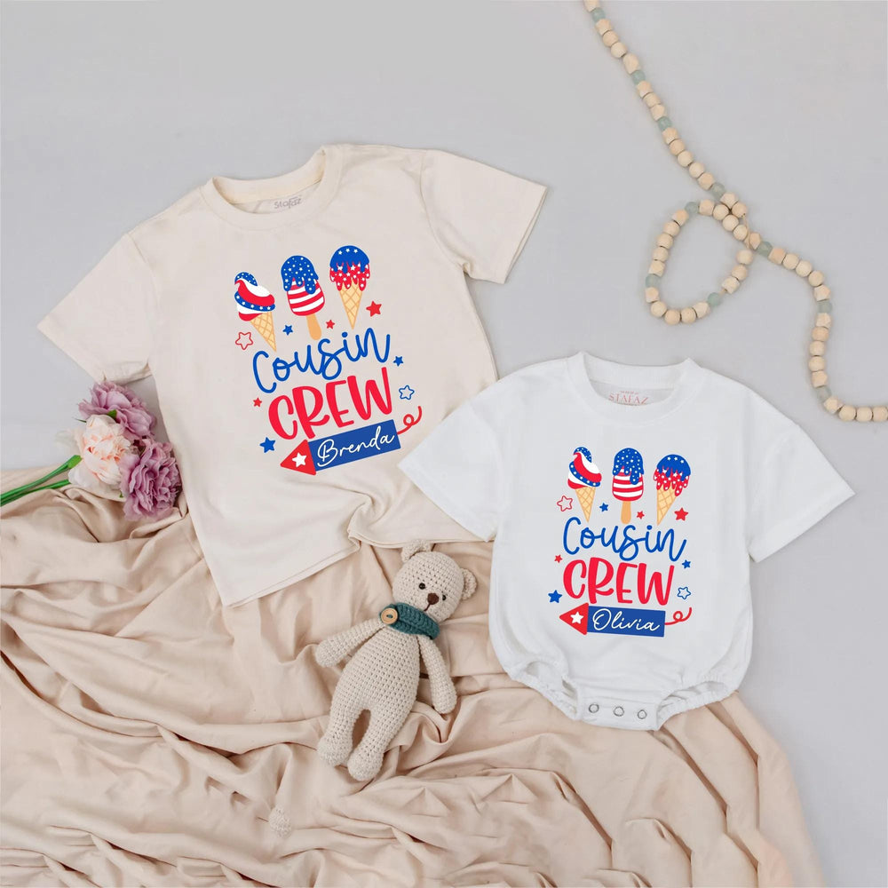 Cousin Crew Baby and Toddler Shirts with Custom Name Patriotic Ice Cream Design Family Reunion Gift 4th of July Americana Outfits