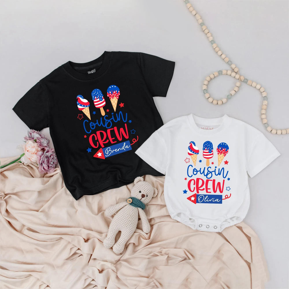 Cousin Crew Baby and Toddler Shirts with Custom Name Patriotic Ice Cream Design Family Reunion Gift 4th of July Americana Outfits