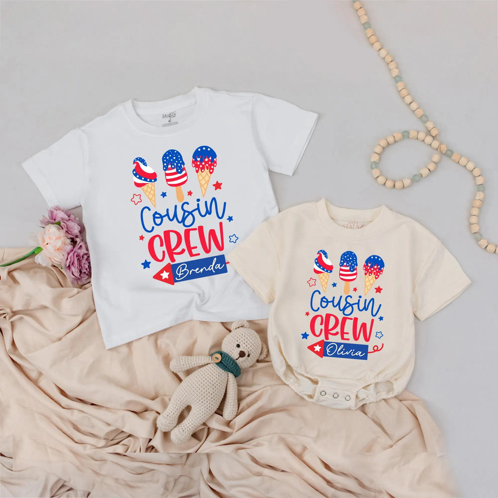 Cousin Crew Baby and Toddler Shirts with Custom Name Patriotic Ice Cream Design Family Reunion Gift 4th of July Americana Outfits
