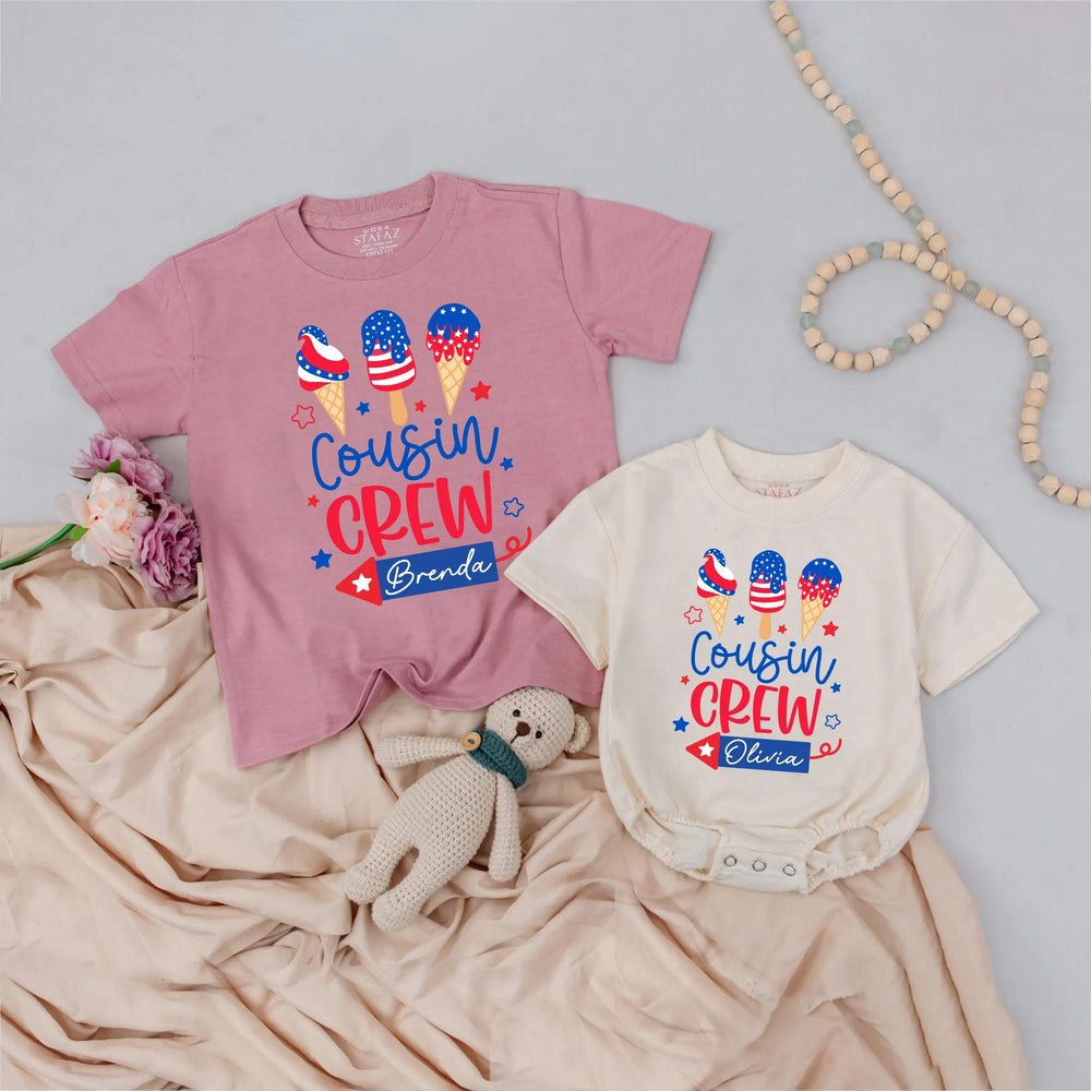 Cousin Crew Baby and Toddler Shirts with Custom Name Patriotic Ice Cream Design Family Reunion Gift 4th of July Americana Outfits