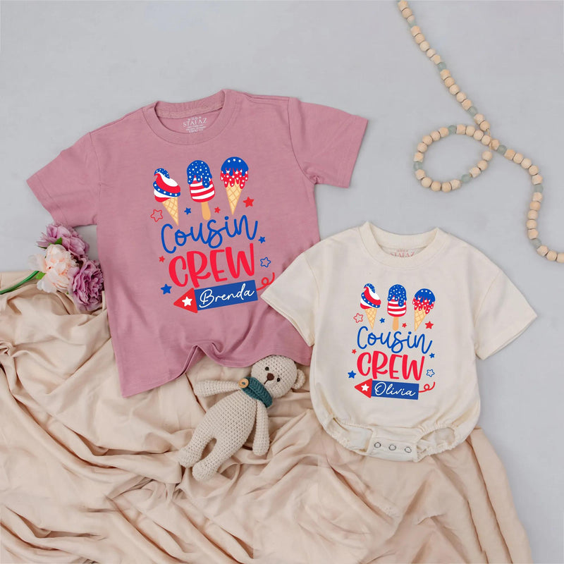 Cousin Crew Baby and Toddler Shirts with Custom Name Patriotic Ice Cream Design Family Reunion Gift 4th of July Americana Outfits
