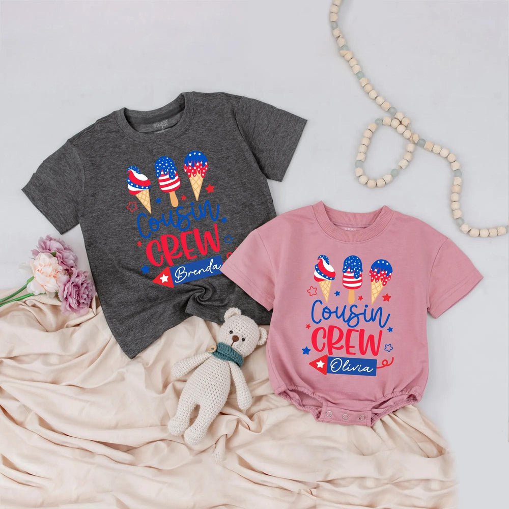 Cousin Crew Baby and Toddler Shirts with Custom Name Patriotic Ice Cream Design Family Reunion Gift 4th of July Americana Outfits