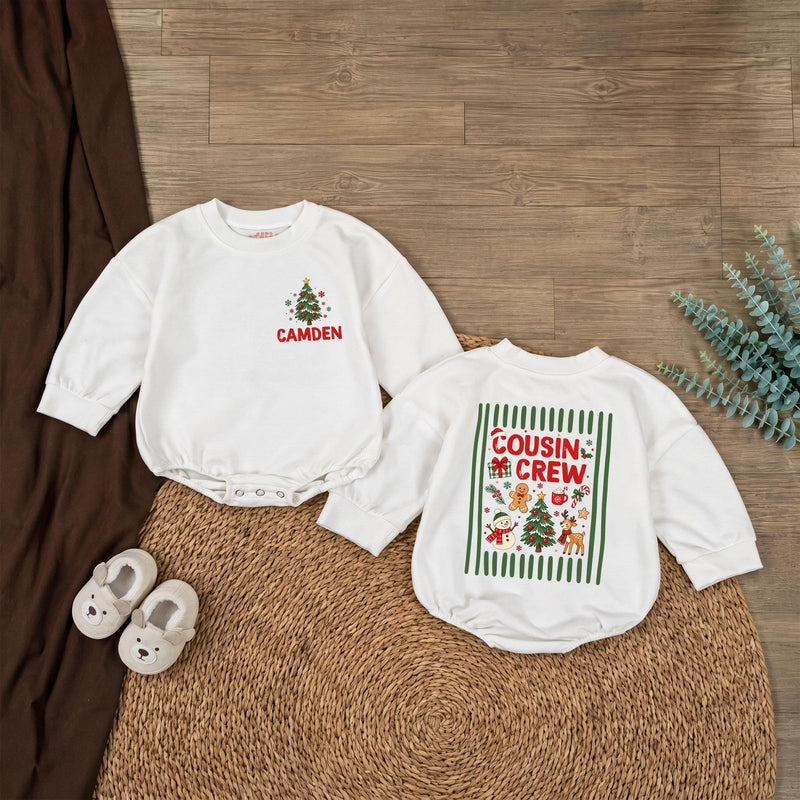 Cousin Crew Christmas Sweatshirt and Baby Bodysuit with Holiday Graphics and Custom Name, Matching Family Christmas Outfits