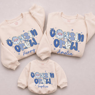 Cousin Crew Christmas Sweatshirt with Blue Santa Design, Personalized Family Holiday Outfit, Matching Long Sleeve Shirts