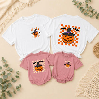 Cousin Crew Halloween Shirts with Checkerboard Pumpkin Design, Matching Family Spooky Outfits for Fall and Trick-or-Treat Fun