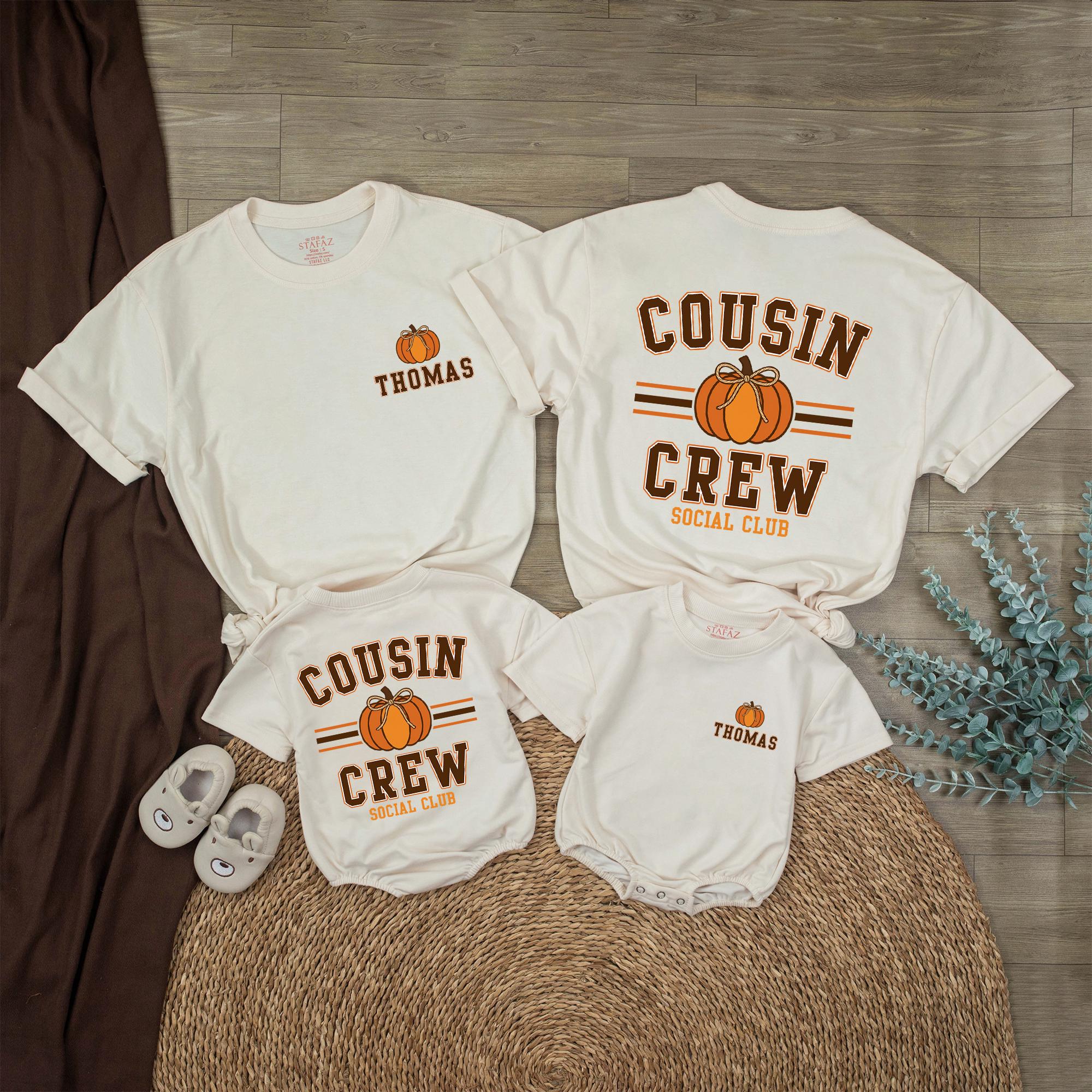 Cousin Crew Pumpkin Patch Shirt with Custom Name, Fall Matching Family Tee and Baby Bodysuit, Autumn Social Club Outfit