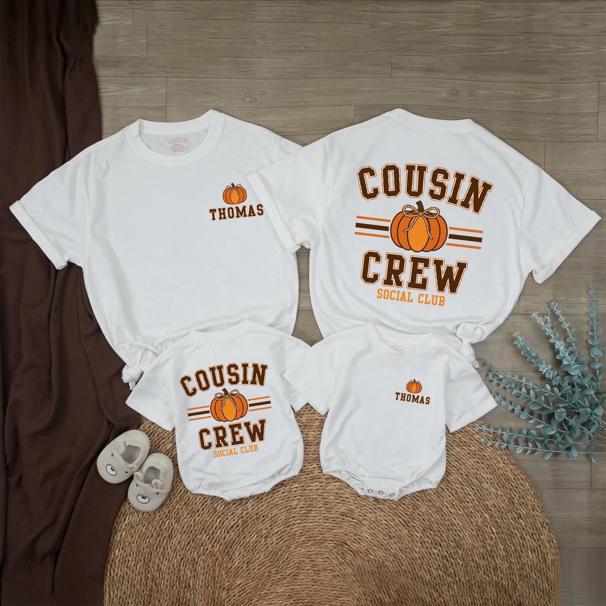 Cousin Crew Pumpkin Patch Shirt with Custom Name, Fall Matching Family Tee and Baby Bodysuit, Autumn Social Club Outfit