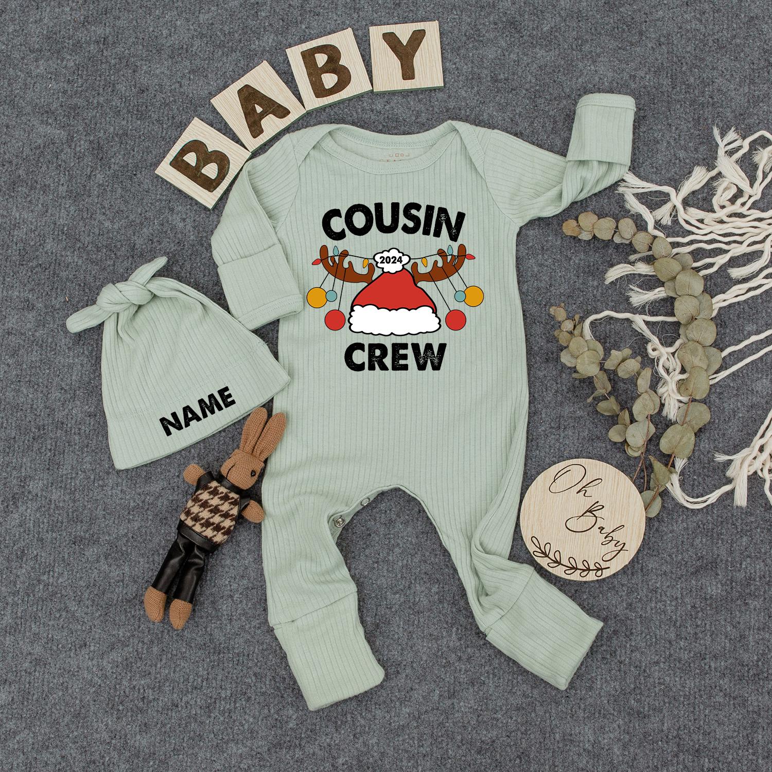 Cousin Crew Reindeer Baby Bodysuit with Santa Hat and Ornaments Soft Cotton 1st Christmas Gift Custom Name Newborn Jumpsuit