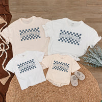 Cousin Crew Shirt with Blue Checkerboard Pattern Matching Family Outfit for Baby Toddler Kids Soft Cotton Romper Fun Birthday Look