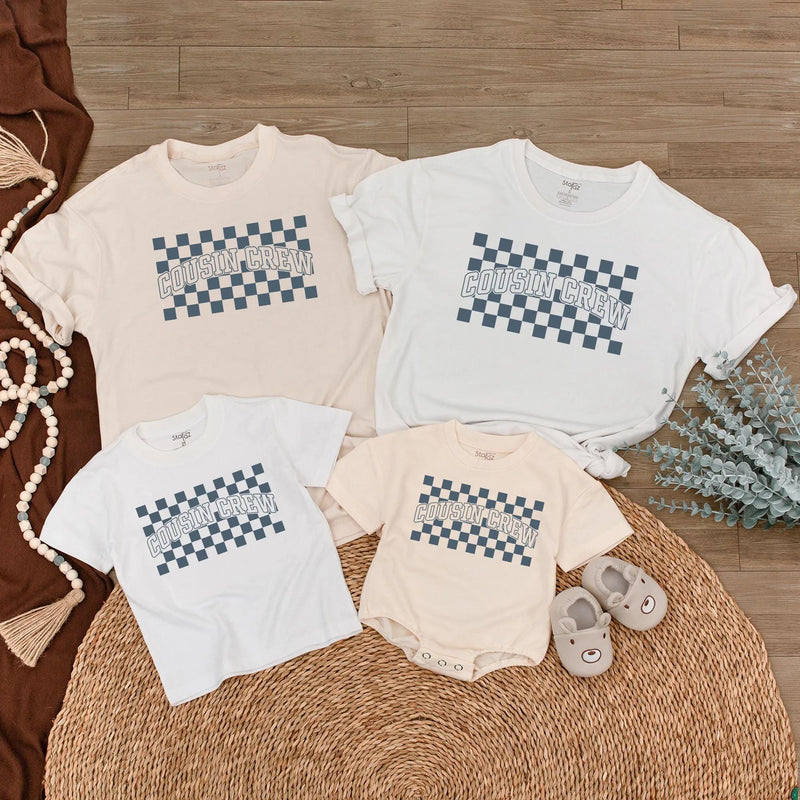 Cousin Crew Shirt with Blue Checkerboard Pattern Matching Family Outfit for Baby Toddler Kids Soft Cotton Romper Fun Birthday Look