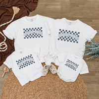 Cousin Crew Shirt with Blue Checkerboard Pattern Matching Family Outfit for Baby Toddler Kids Soft Cotton Romper Fun Birthday Look