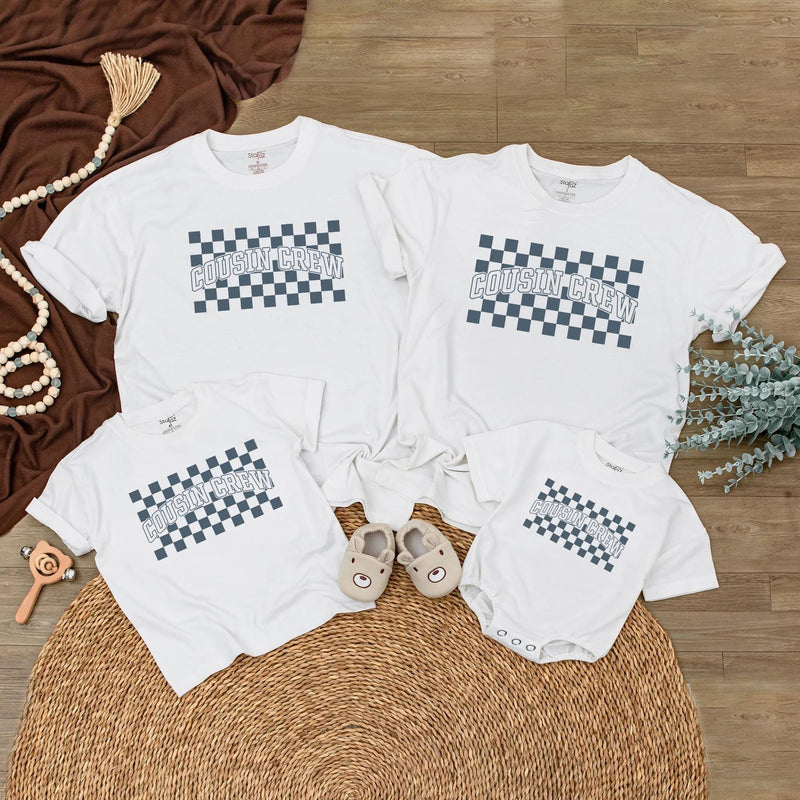 Cousin Crew Shirt with Blue Checkerboard Pattern Matching Family Outfit for Baby Toddler Kids Soft Cotton Romper Fun Birthday Look