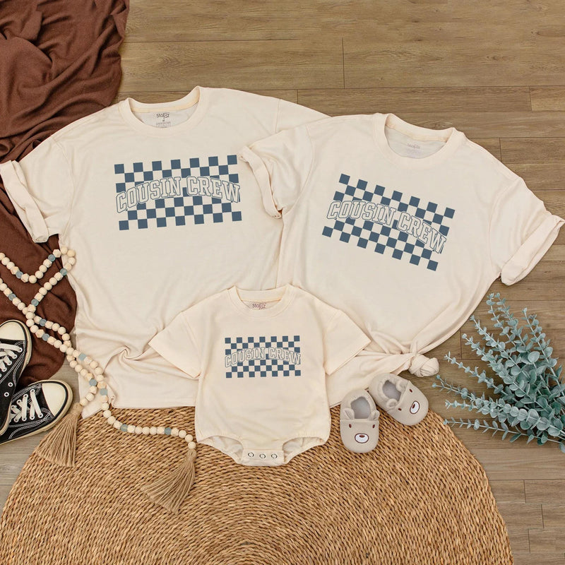 Cousin Crew Shirt with Blue Checkerboard Pattern Matching Family Outfit for Baby Toddler Kids Soft Cotton Romper Fun Birthday Look