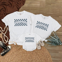 Cousin Crew Shirt with Blue Checkerboard Pattern Matching Family Outfit for Baby Toddler Kids Soft Cotton Romper Fun Birthday Look