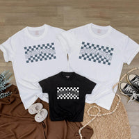 Cousin Crew Shirt with Blue Checkerboard Pattern Matching Family Outfit for Baby Toddler Kids Soft Cotton Romper Fun Birthday Look