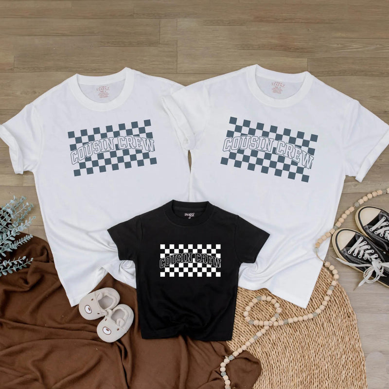 Cousin Crew Shirt with Blue Checkerboard Pattern Matching Family Outfit for Baby Toddler Kids Soft Cotton Romper Fun Birthday Look