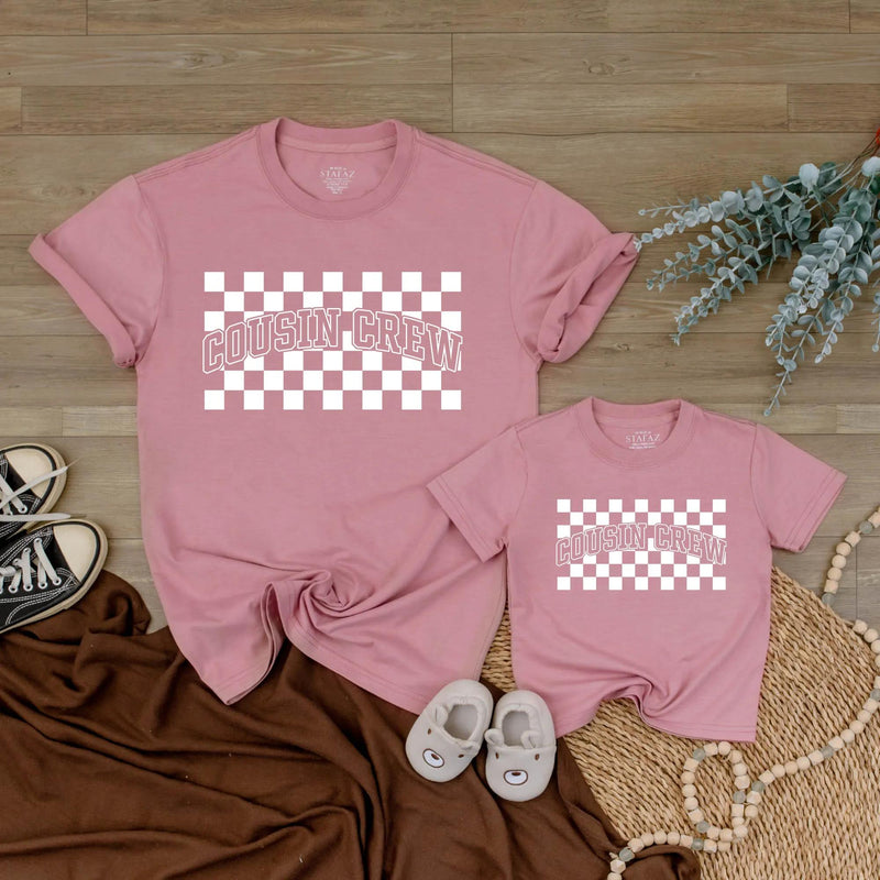 Cousin Crew Shirt with Blue Checkerboard Pattern Matching Family Outfit for Baby Toddler Kids Soft Cotton Romper Fun Birthday Look
