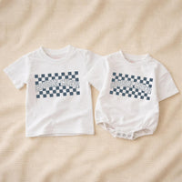 Cousin Crew Shirt with Blue Checkerboard Pattern Matching Family Outfit for Baby Toddler Kids Soft Cotton Romper Fun Birthday Look