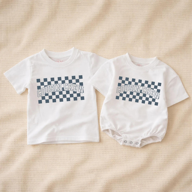 Cousin Crew Shirt with Blue Checkerboard Pattern Matching Family Outfit for Baby Toddler Kids Soft Cotton Romper Fun Birthday Look