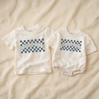 Cousin Crew Shirt with Blue Checkerboard Pattern Matching Family Outfit for Baby Toddler Kids Soft Cotton Romper Fun Birthday Look