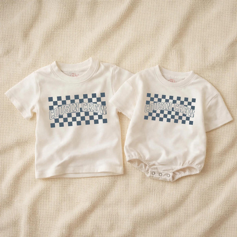 Cousin Crew Shirt with Blue Checkerboard Pattern Matching Family Outfit for Baby Toddler Kids Soft Cotton Romper Fun Birthday Look