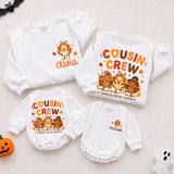 Cousin Crew Thanksgiving Baby Romper and Kids Sweatshirt Set with Custom Names, Dancing Turkey Artwork, Fall Family Matching Outfits