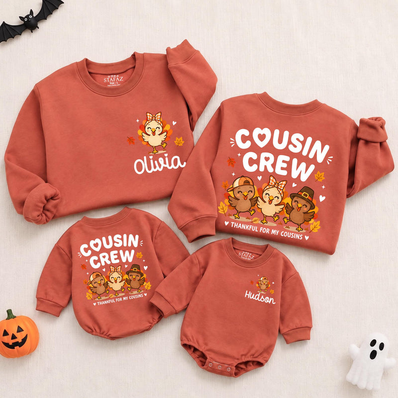 Cousin Crew Thanksgiving Baby Romper and Kids Sweatshirt Set with Custom Names, Dancing Turkey Artwork, Fall Family Matching Outfits