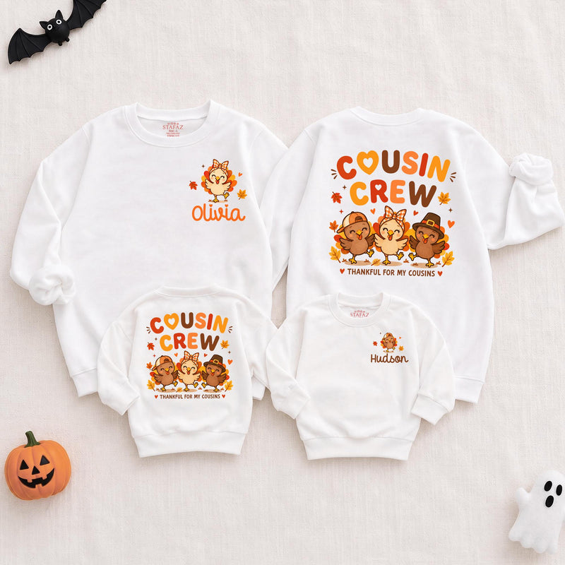 Cousin Crew Thanksgiving Baby Romper and Kids Sweatshirt Set with Custom Names, Dancing Turkey Artwork, Fall Family Matching Outfits