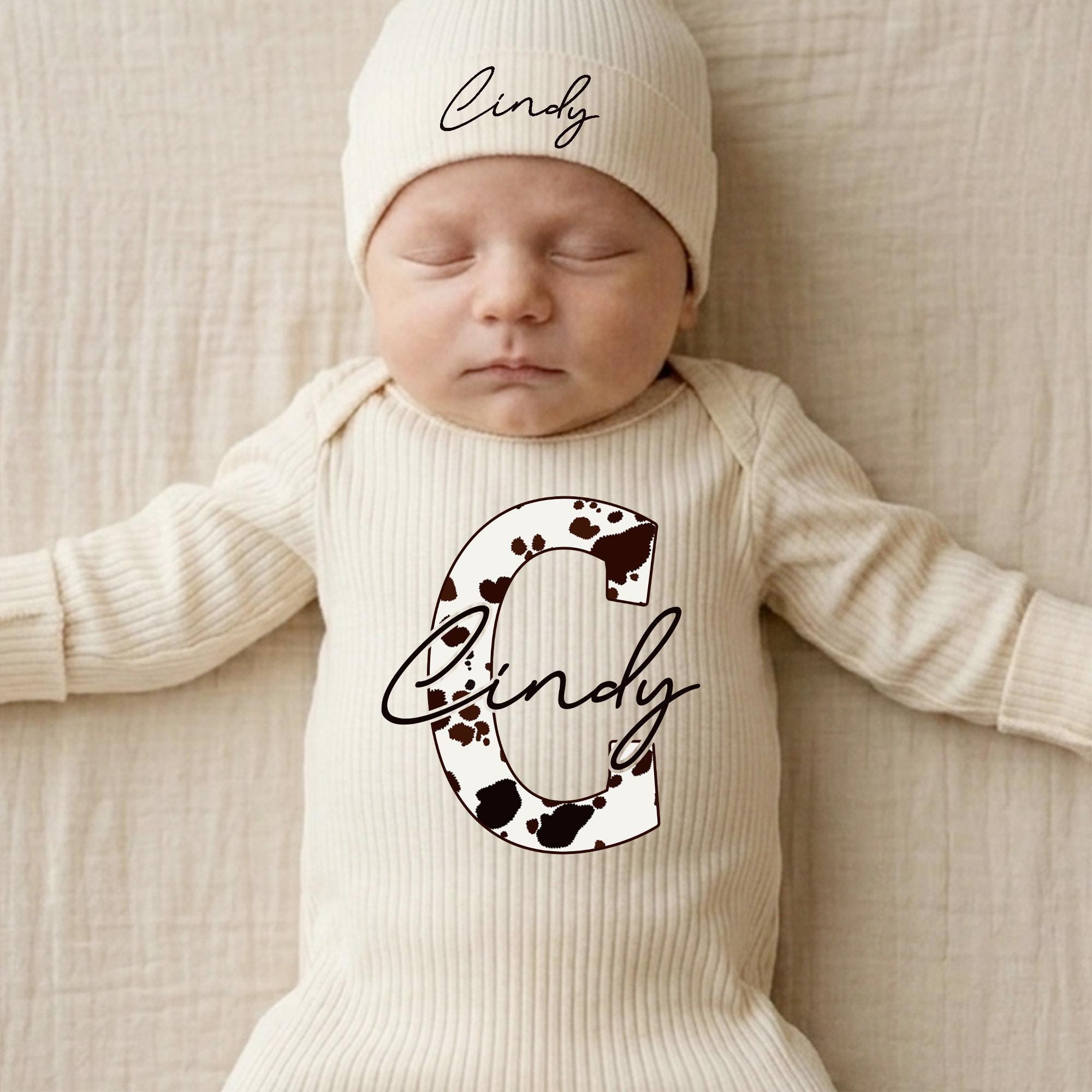 Cow Print Monogram Baby Bodysuit and Hat Set, Western Newborn Outfit with Custom Name, Baby Shower Gift for Girls and Boys
