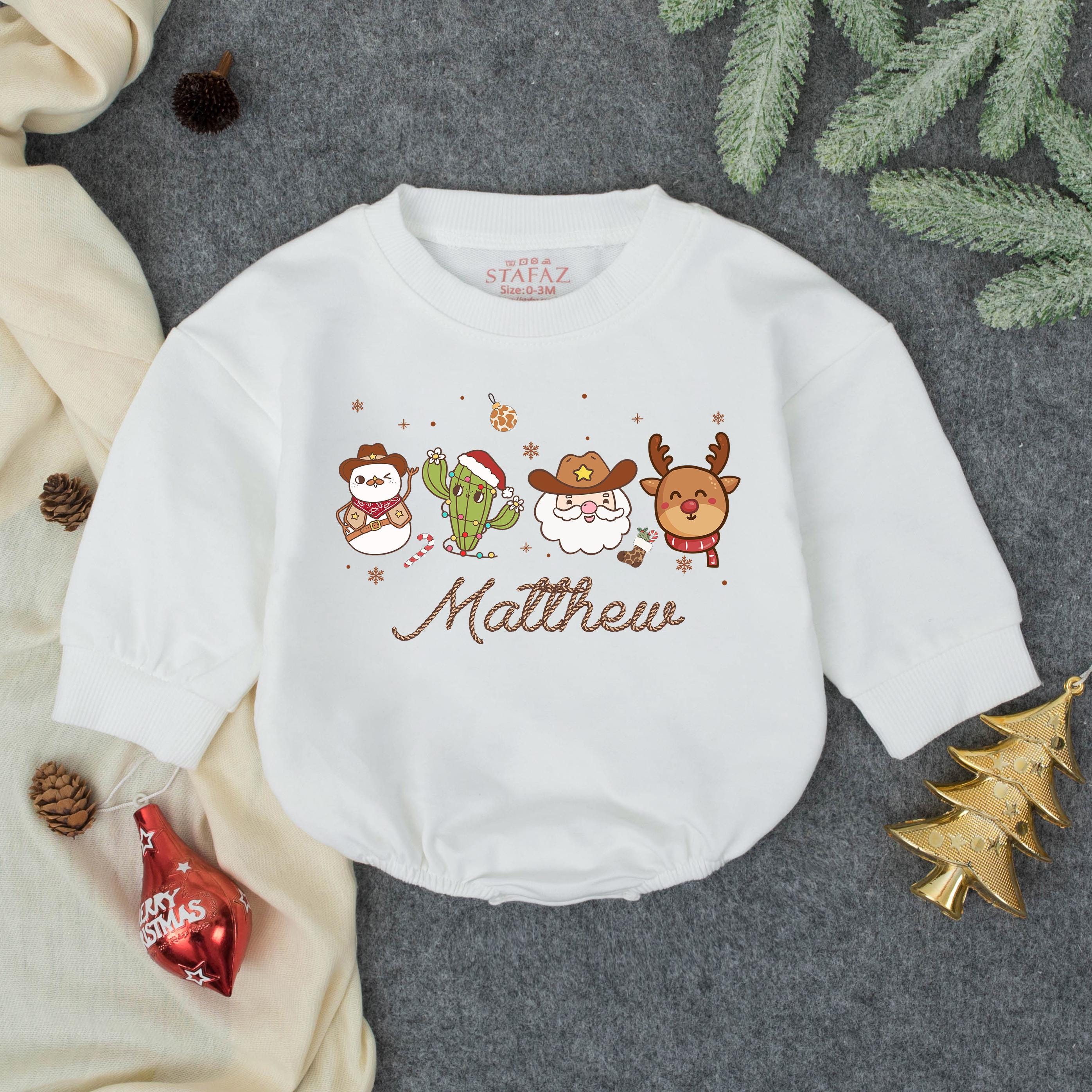 Cowboy Gingerbread and Reindeer Christmas Baby Romper with Custom Name, Holiday Infant Outfit, Cute First Christmas Gift Idea