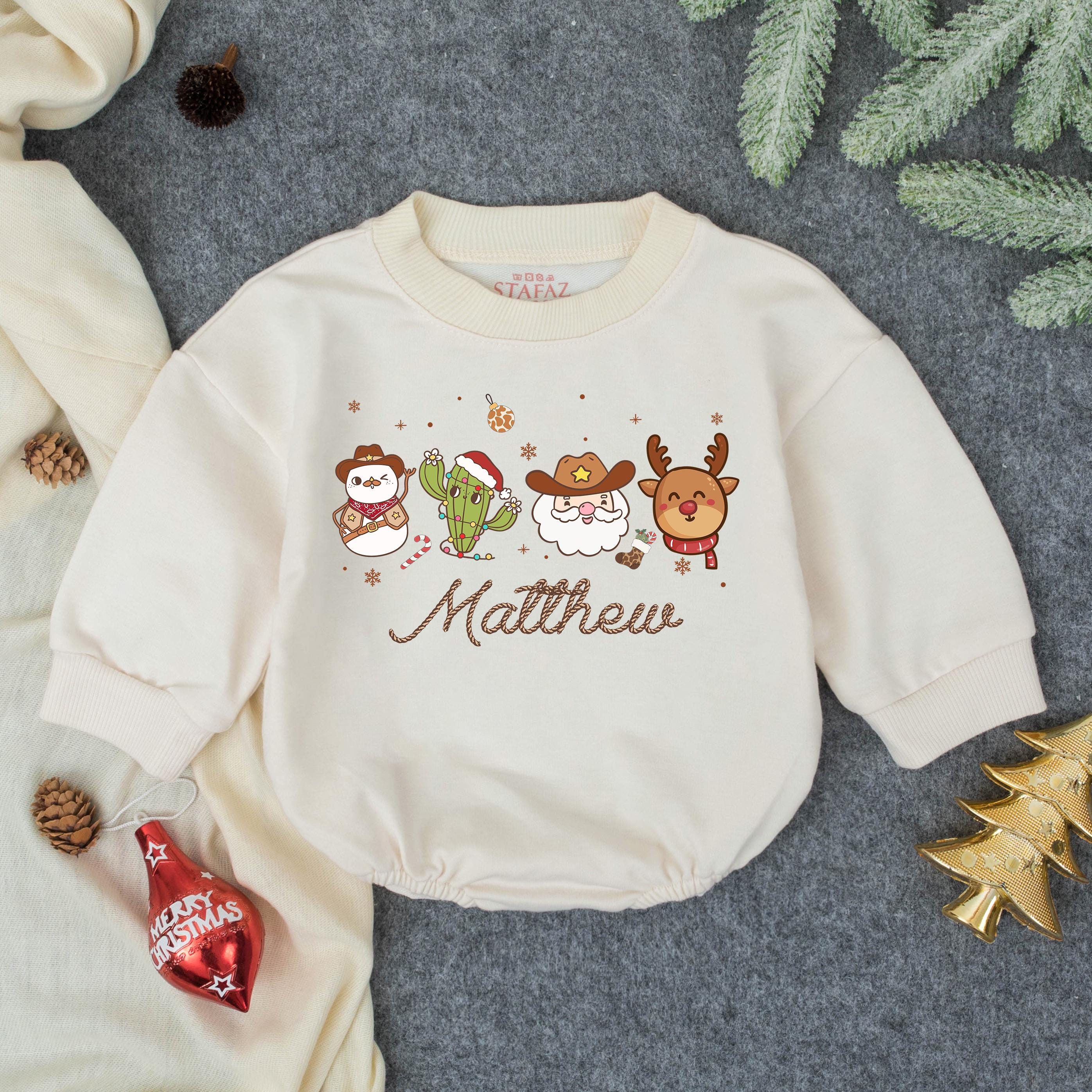 Cowboy Gingerbread and Reindeer Christmas Baby Romper with Custom Name, Holiday Infant Outfit, Cute First Christmas Gift Idea