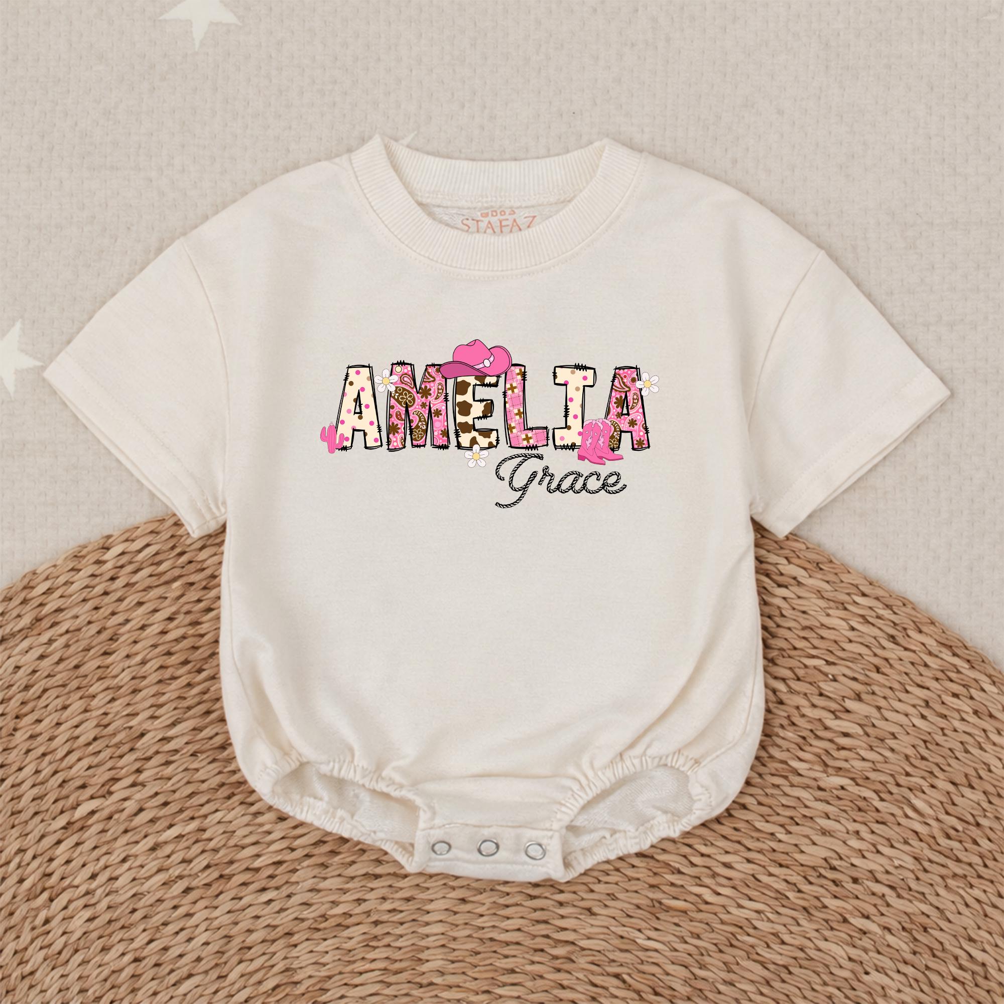Cowgirl Name Baby Romper with Western Hat Graphic, Personalized Baby Girl Outfit, Custom Name Bodysuit for Newborns & Infants