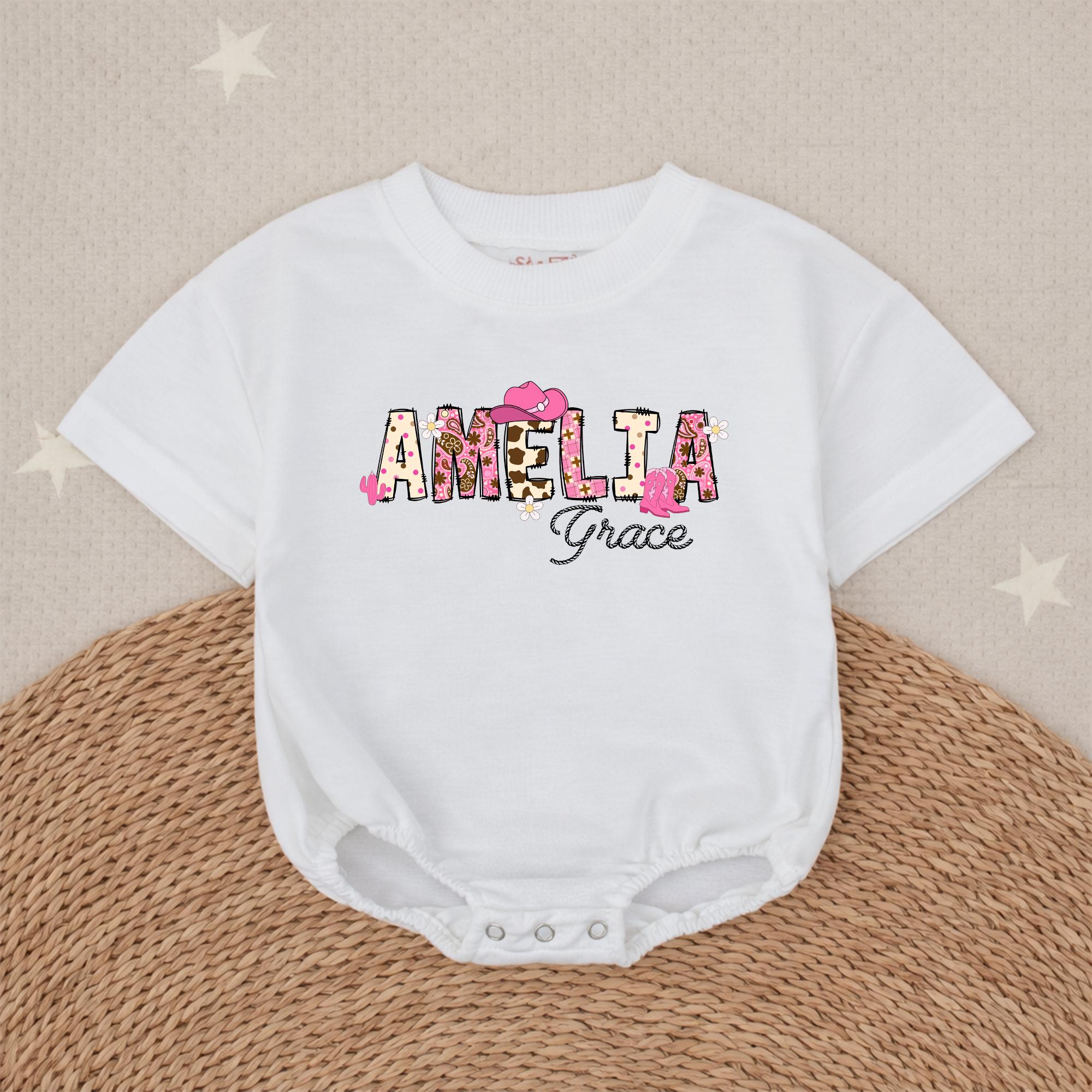 Cowgirl Name Baby Romper with Western Hat Graphic, Personalized Baby Girl Outfit, Custom Name Bodysuit for Newborns & Infants