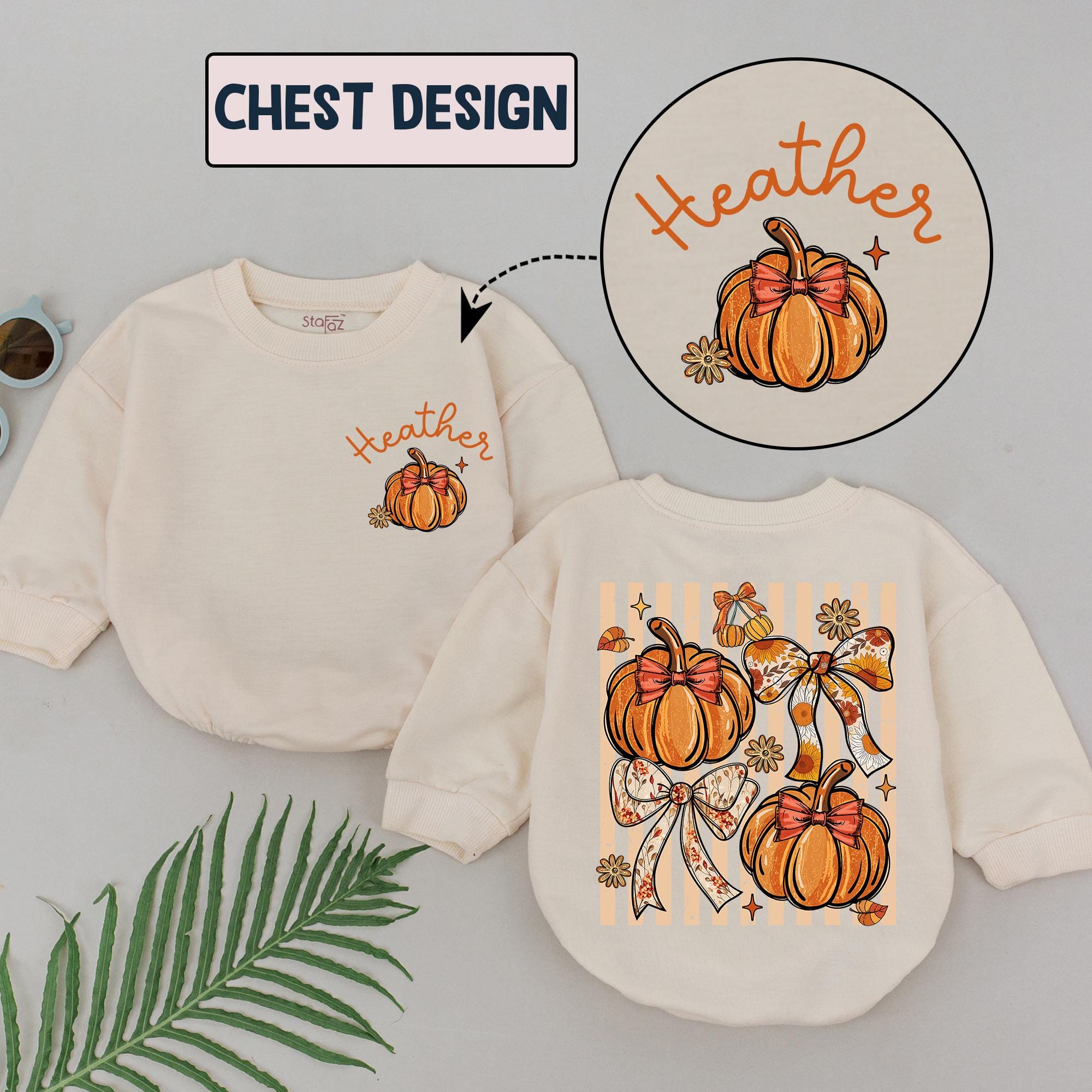 Cozy Fall Pumpkin Baby Romper with Custom Name, Autumn Bow & Floral Design, Newborn to 24M Outfit for Pumpkin Patch or Baby Shower
