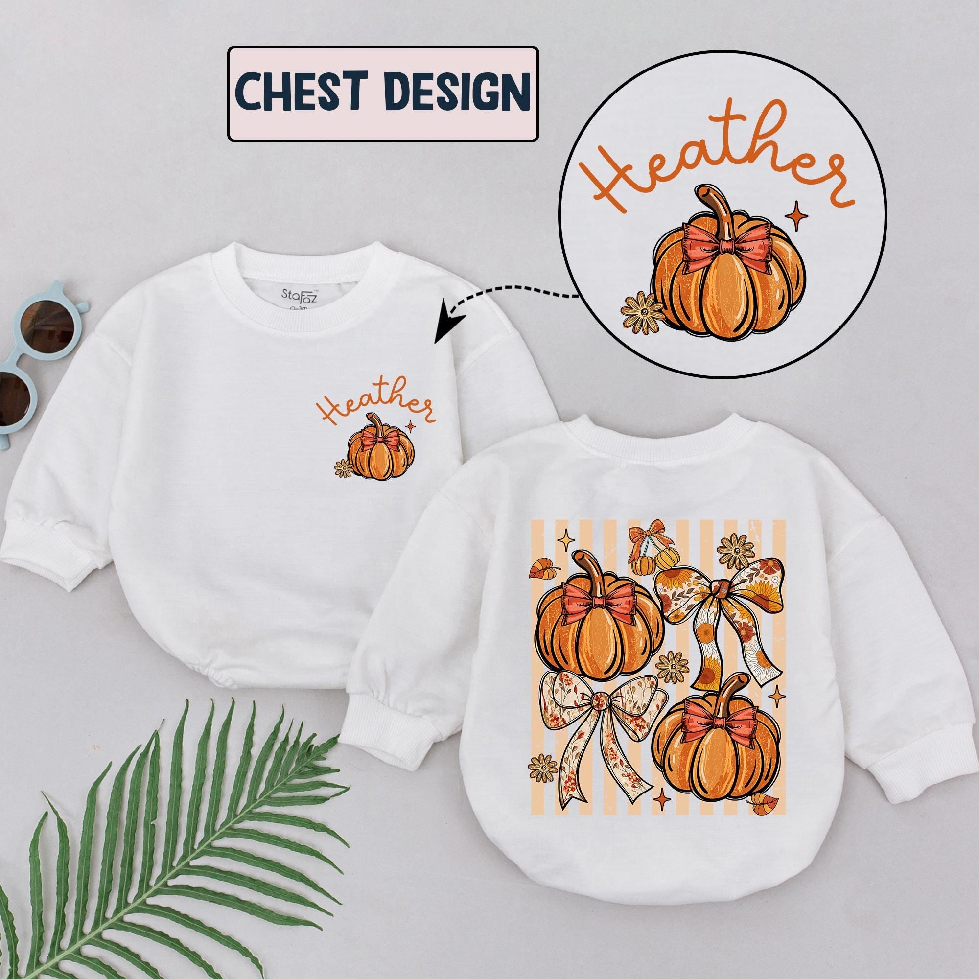 Cozy Fall Pumpkin Baby Romper with Custom Name, Autumn Bow & Floral Design, Newborn to 24M Outfit for Pumpkin Patch or Baby Shower