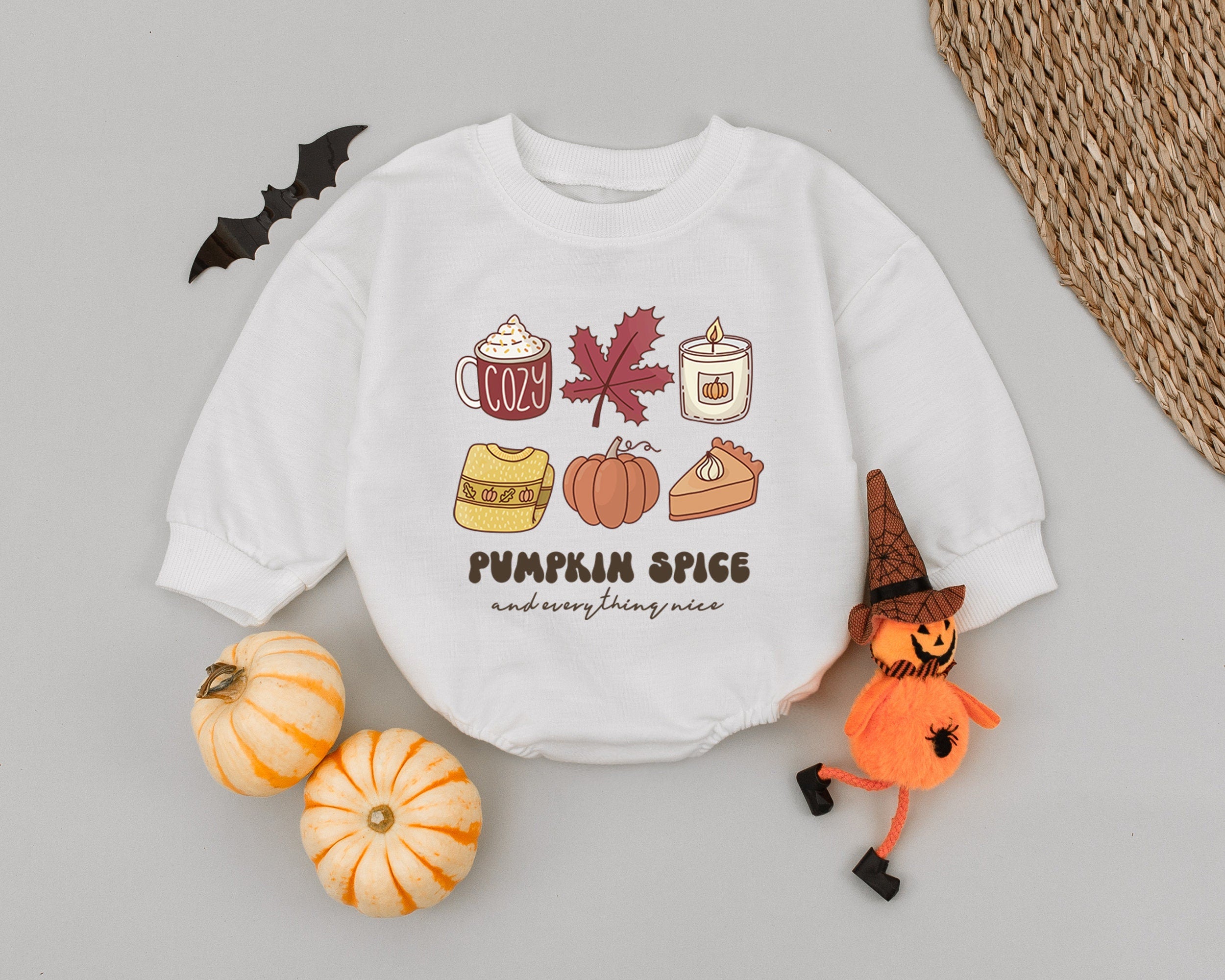 Cozy Pumpkin Spice Baby Romper with Whimsical Autumn Design Perfect for Thanksgiving Holiday Infant Outfit