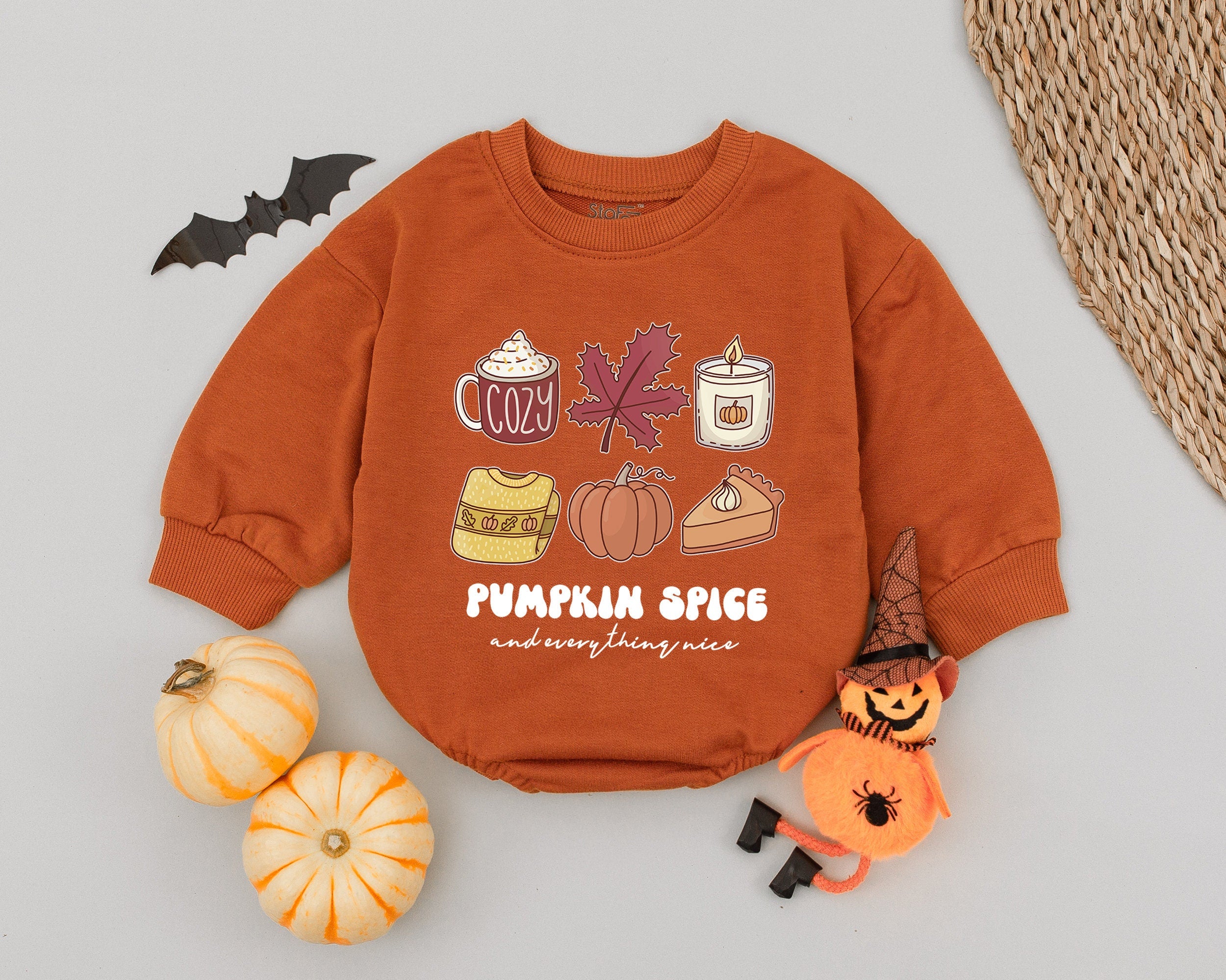 Cozy Pumpkin Spice Baby Romper with Whimsical Autumn Design Perfect for Thanksgiving Holiday Infant Outfit