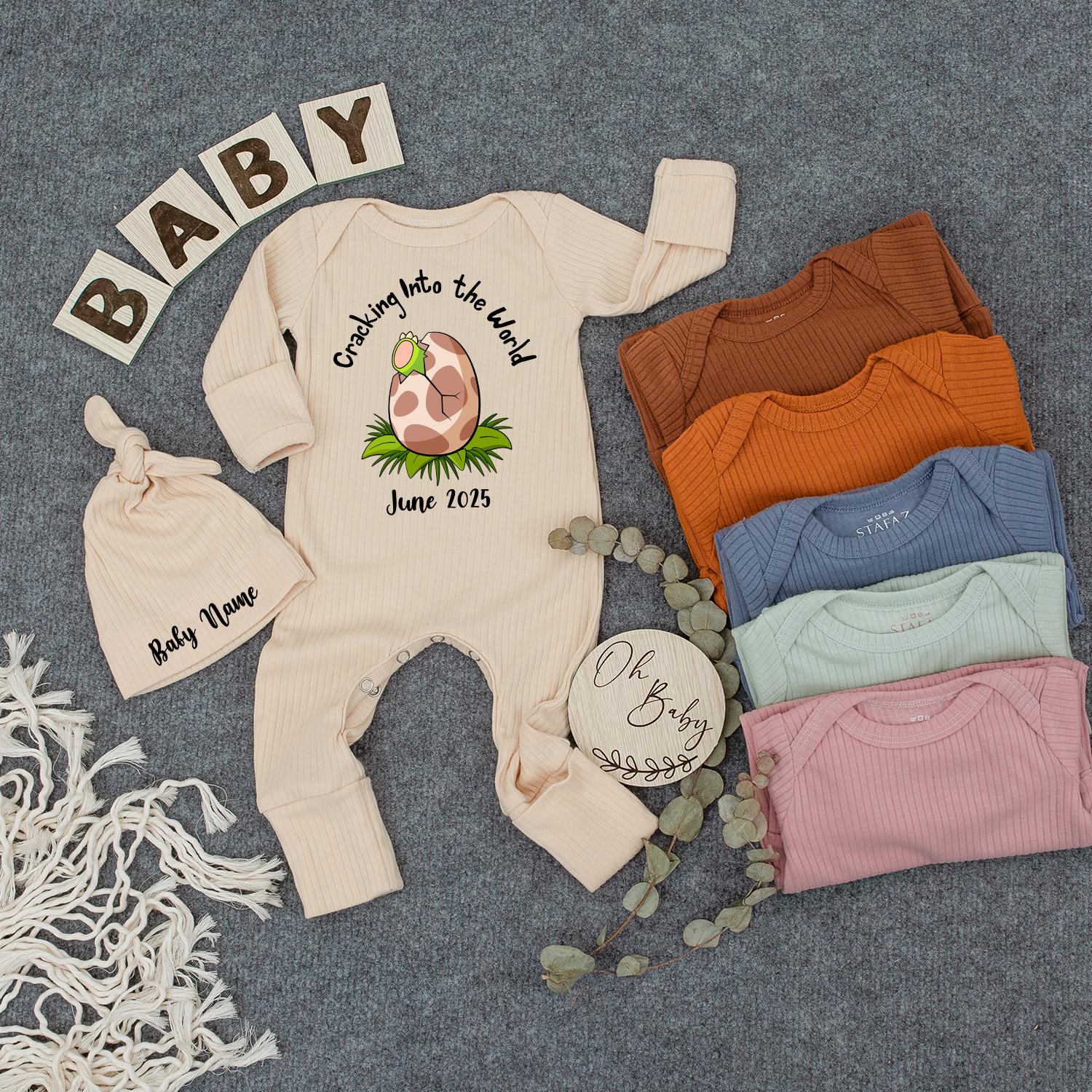 Cracking Into the World Dinosaur Egg Baby Bodysuit Personalized Hatching Scene June 2025 Cute Pastel Colors Infant Romper Gift