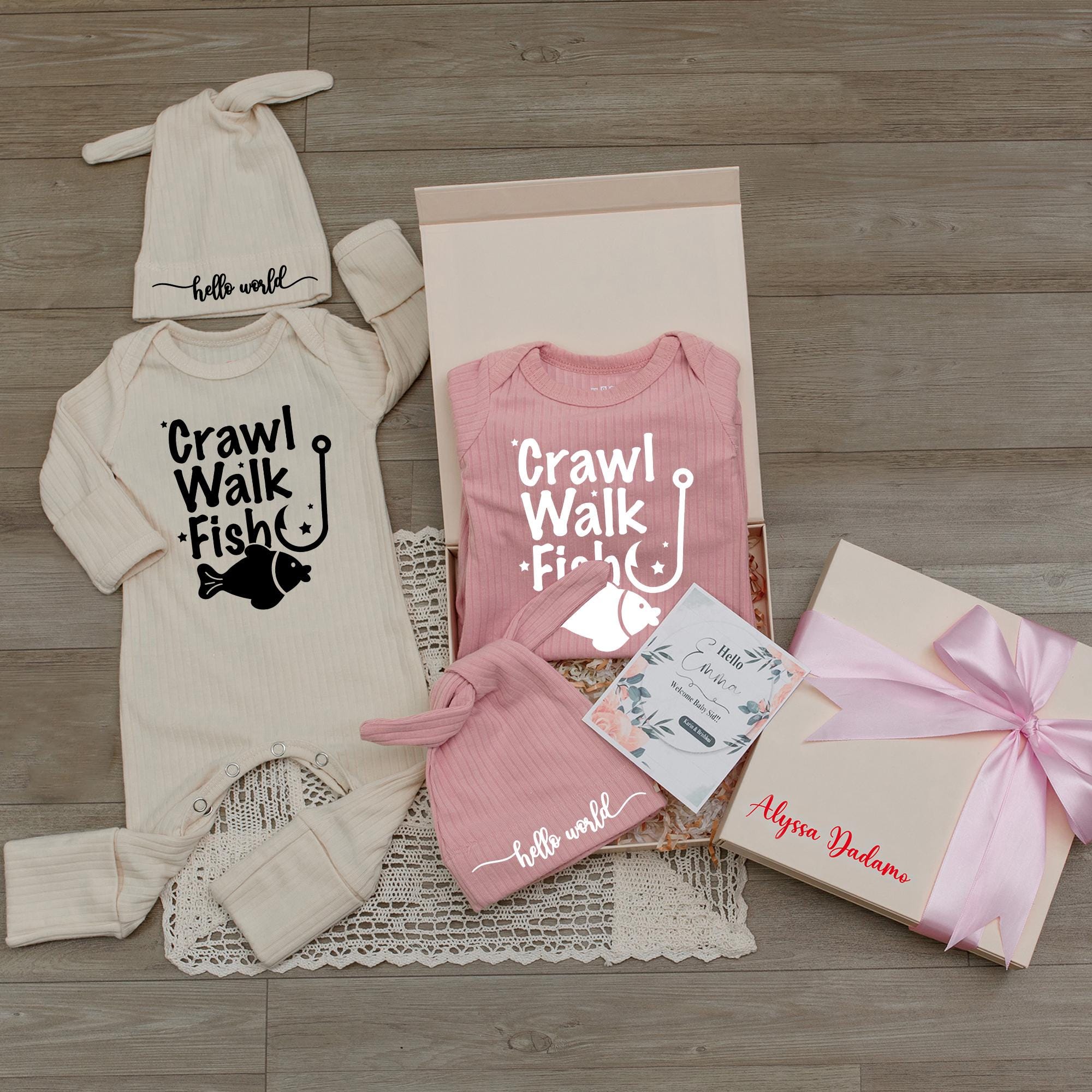 Crawl Walk Fish Baby Bodysuit and Hat Set with Cute Fishing Hook Print, Soft Cotton Newborn Outfit, Baby Shower Gift, Coming Home Clothes