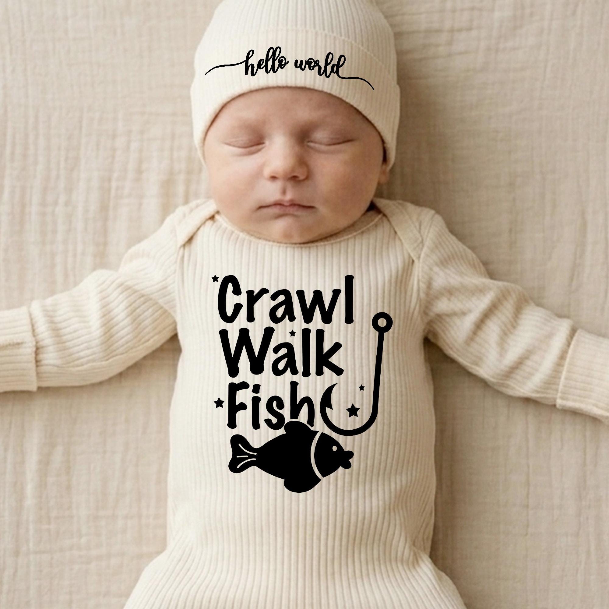 Crawl Walk Fish Baby Bodysuit and Hat Set with Cute Fishing Hook Print, Soft Cotton Newborn Outfit, Baby Shower Gift, Coming Home Clothes