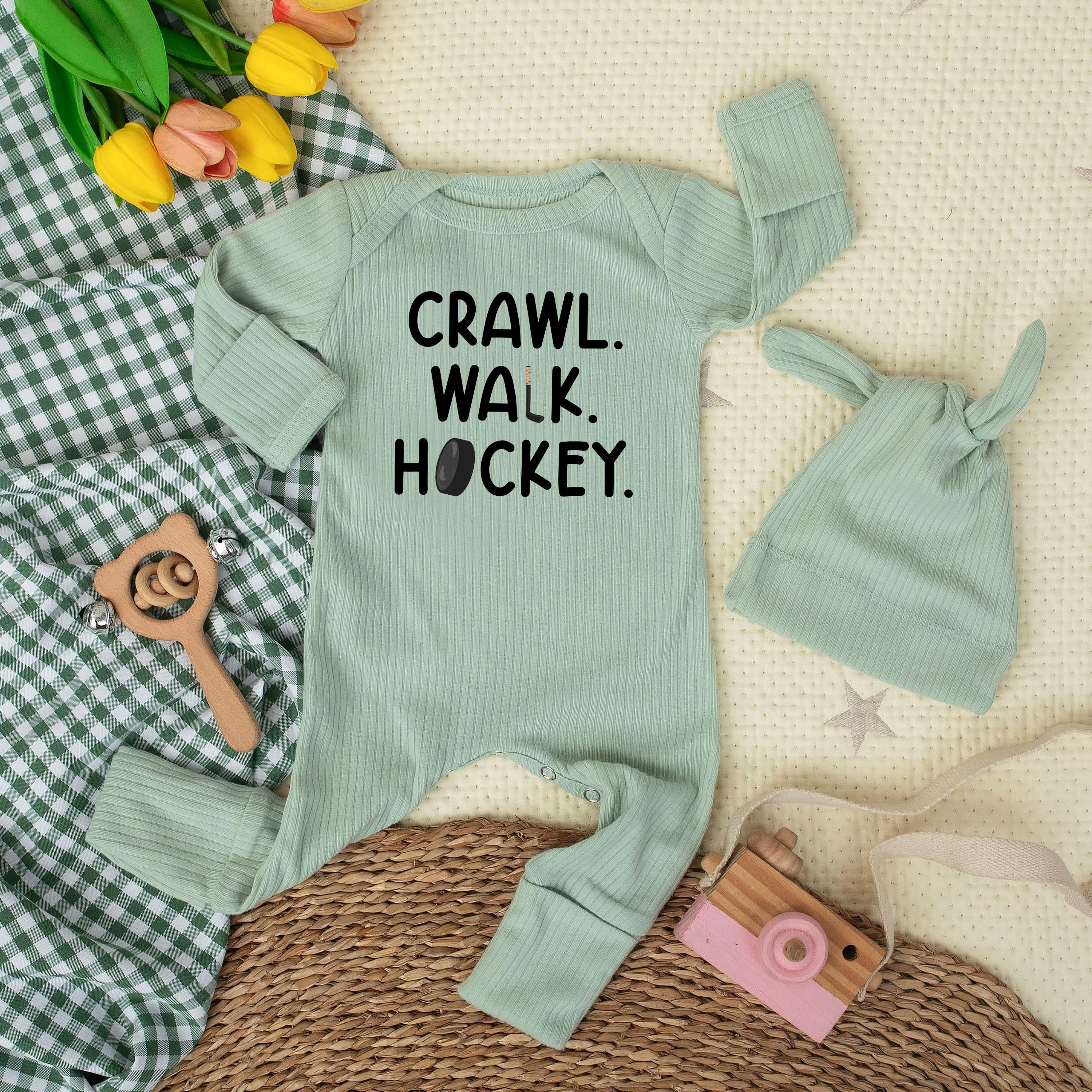 Crawl Walk Hockey Ribbed Newborn Bodysuit and Hat Set Baby Coming Home Outfit Soft Cotton Perfect Baby Shower Gift