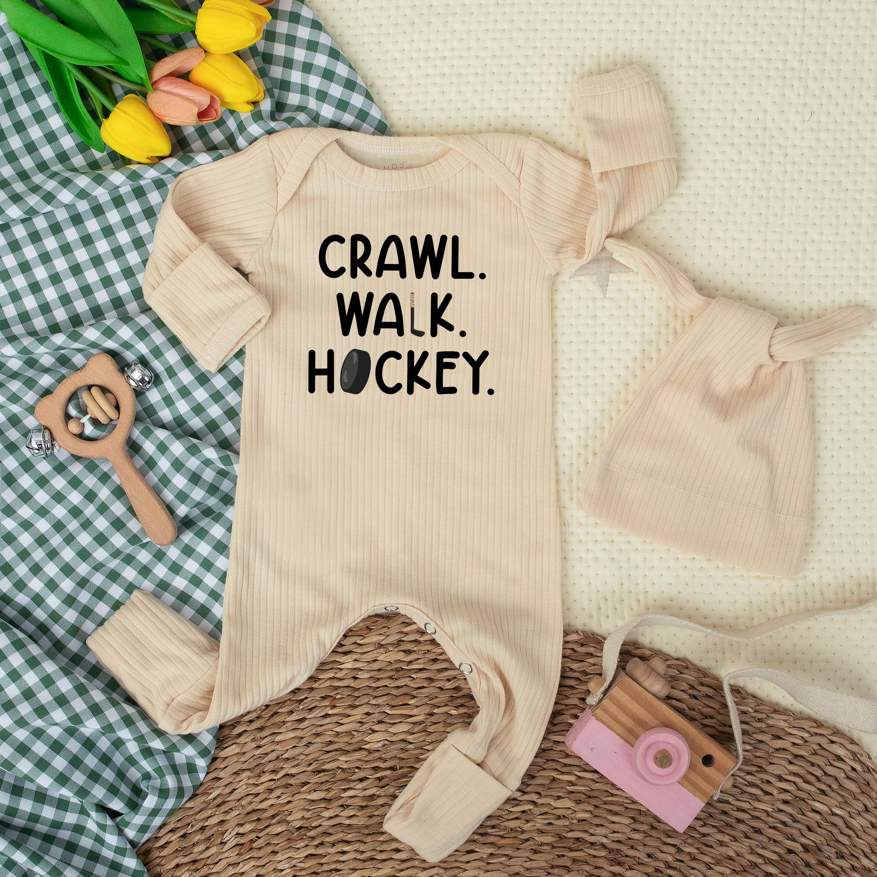 Crawl Walk Hockey Ribbed Newborn Bodysuit and Hat Set Baby Coming Home Outfit Soft Cotton Perfect Baby Shower Gift