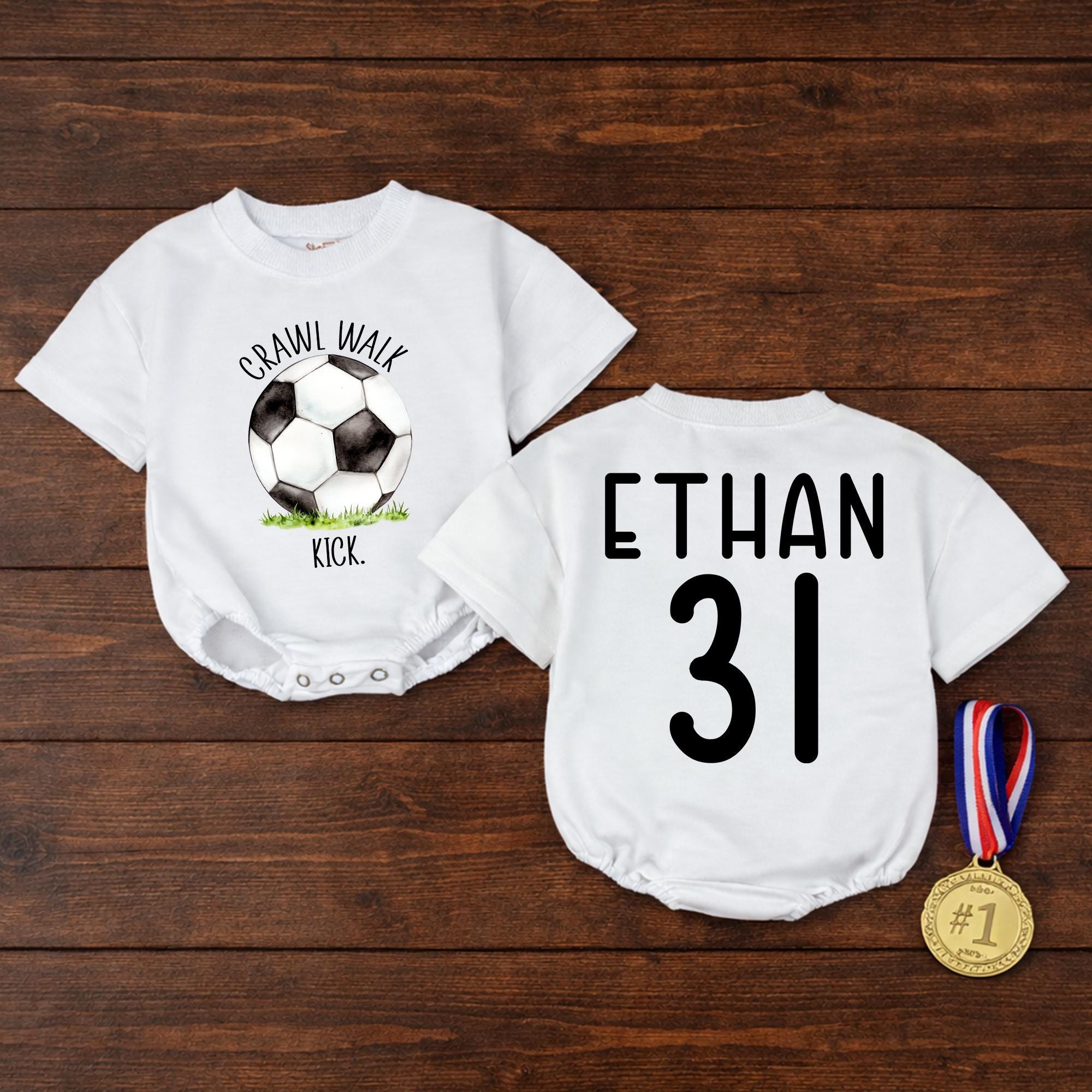 Crawl Walk Kick Soccer Baby Bubble Romper with Custom Name & Number, Cute Infant Boy Birthday Outfit and Baby Shower Gift
