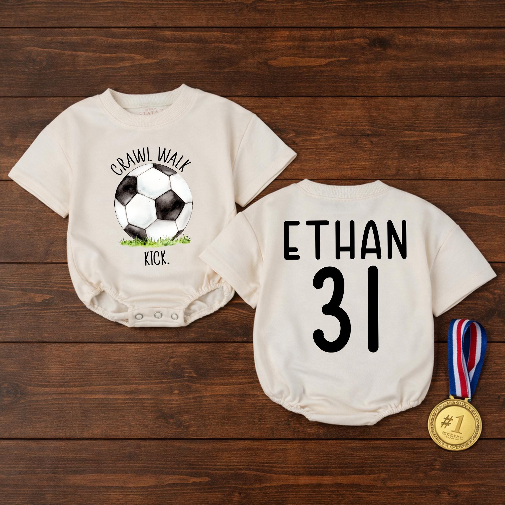 Crawl Walk Kick Soccer Baby Bubble Romper with Custom Name & Number, Cute Infant Boy Birthday Outfit and Baby Shower Gift