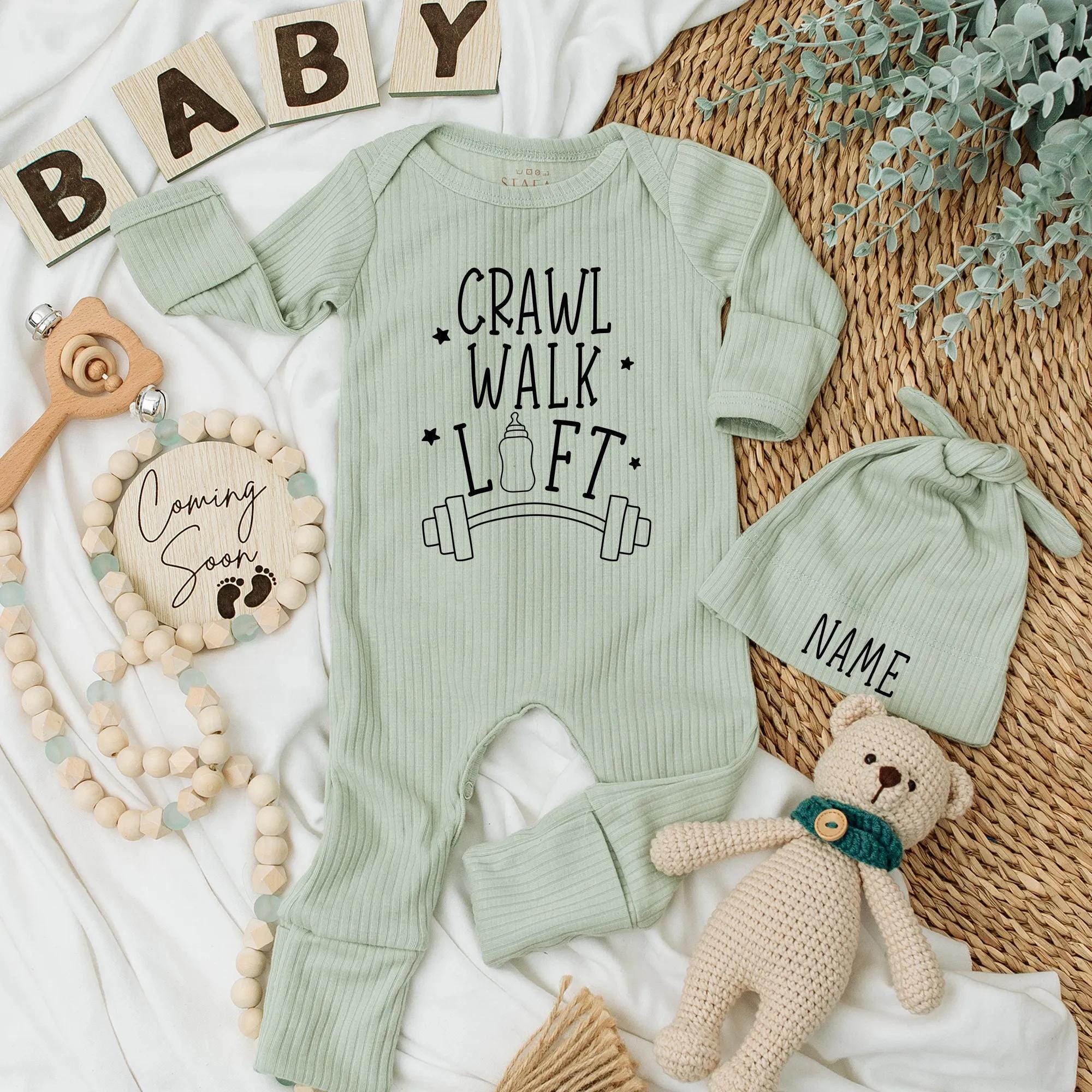 Crawl Walk Lift Baby Bodysuit with Barbell Bottle Design Funny Gym Onesie Customizable Newborn Outfit Gift for Fitness Enthusiast Parents
