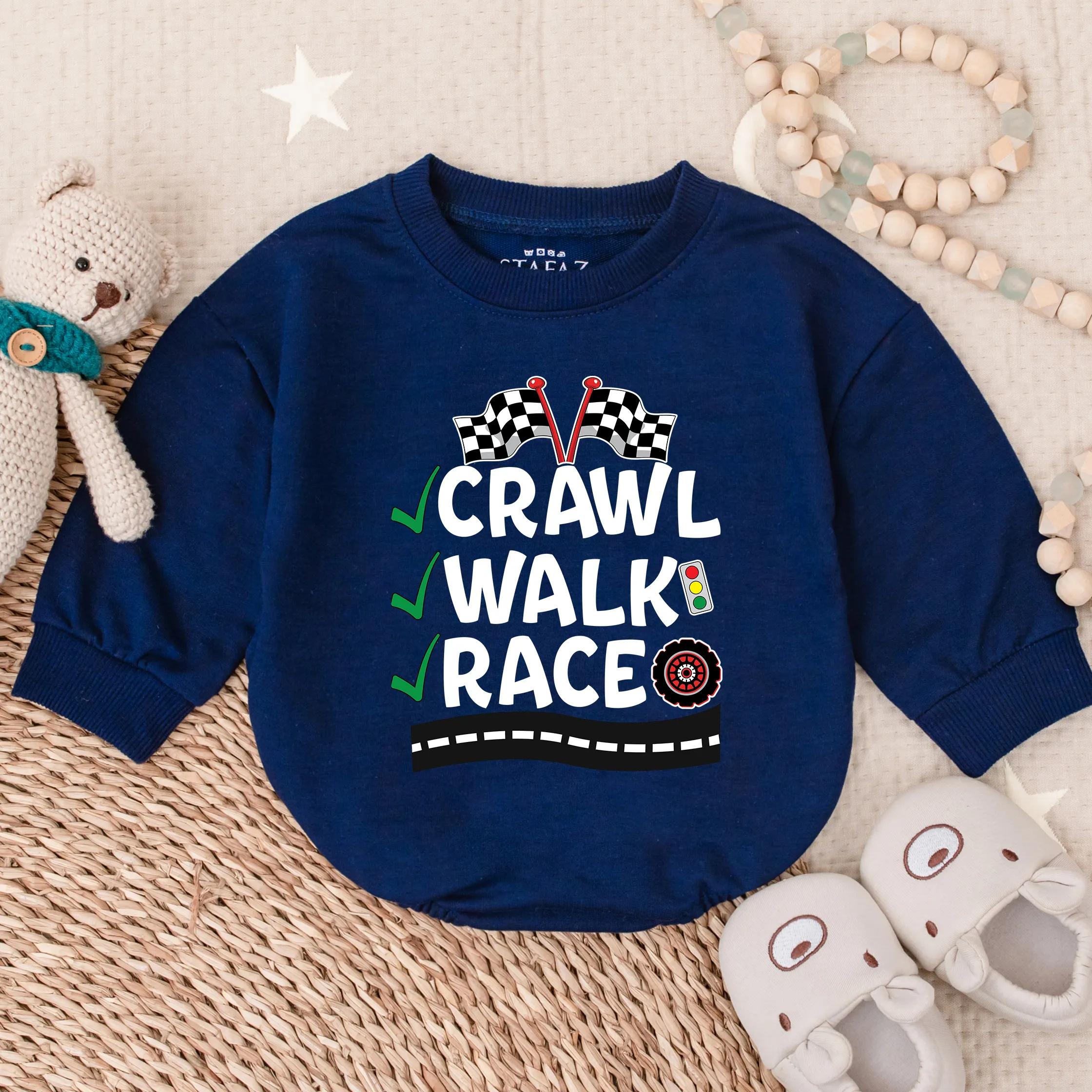 Crawl Walk Race Baby Bodysuit with Checkered Flags Car Wheel Infant Romper Fun Race Car Outfit Gift for Baby Boy Shower Newborn Clothes