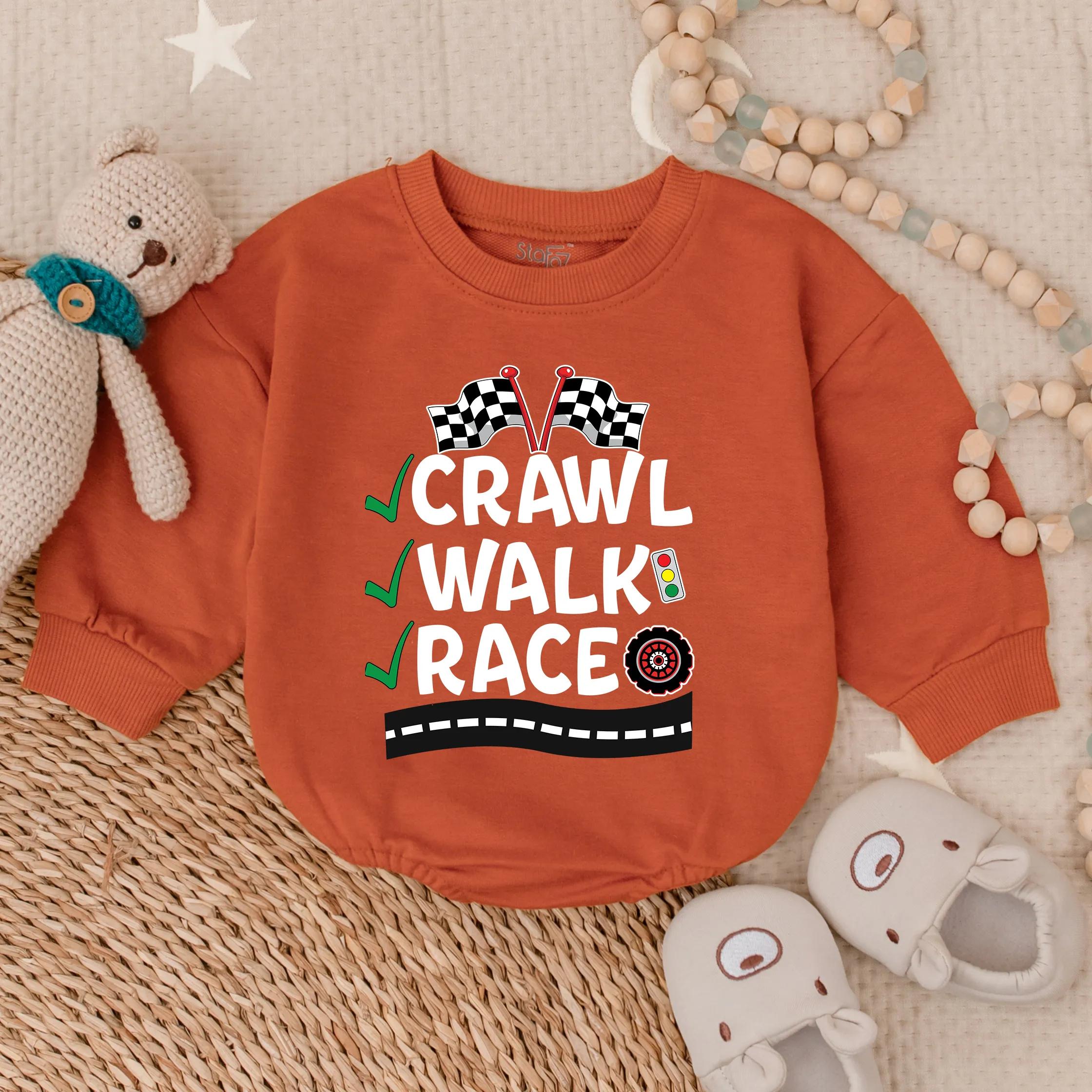 Crawl Walk Race Baby Bodysuit with Checkered Flags Car Wheel Infant Romper Fun Race Car Outfit Gift for Baby Boy Shower Newborn Clothes