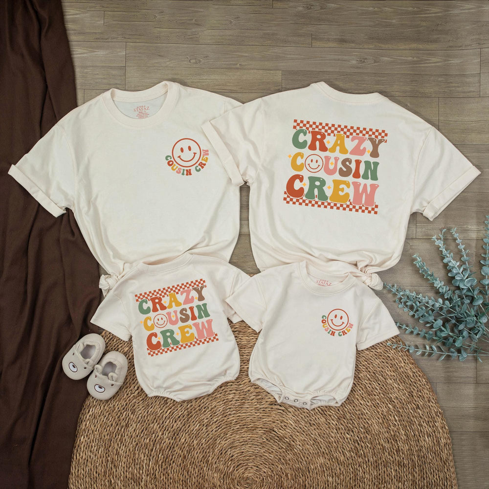 Crazy Cousin Crew Retro Smiley Face Shirts for Baby and Toddler Matching Family Outfits Personalized Cotton Holiday or Birthday Romper